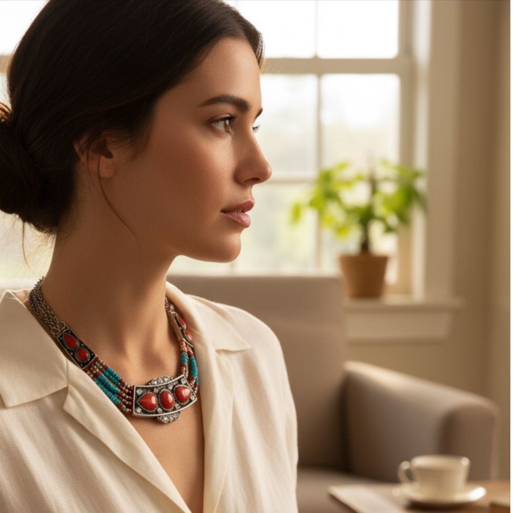💎 Boho Southwestern Statement Necklace Red Turquoise Beaded Bib with Crystals